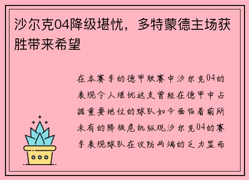 沙尔克04降级堪忧，多特蒙德主场获胜带来希望